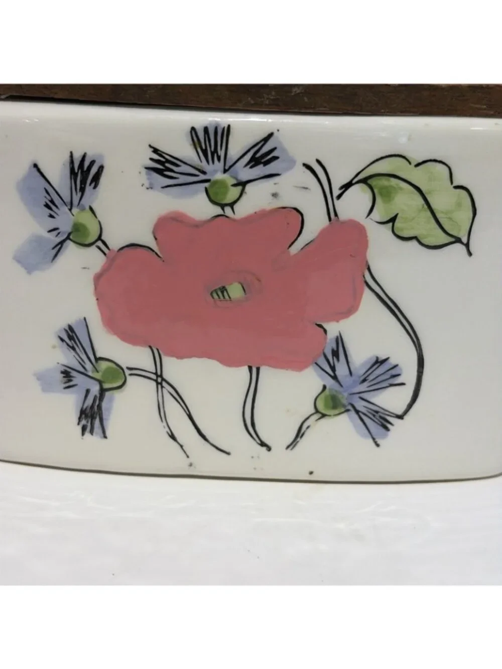 Vintage Floral Salt Cellar Box With Wooden Lid Ceramic Farmhouse Japan 4.5